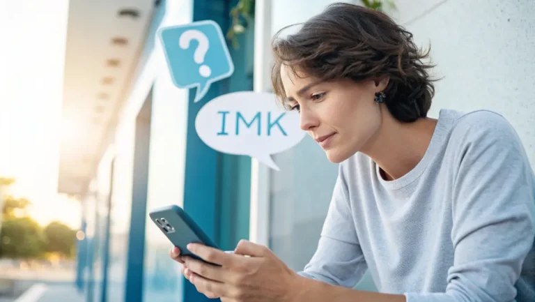Person texting IMK acronym on smartphone with confused expression wondering what does IMK mean