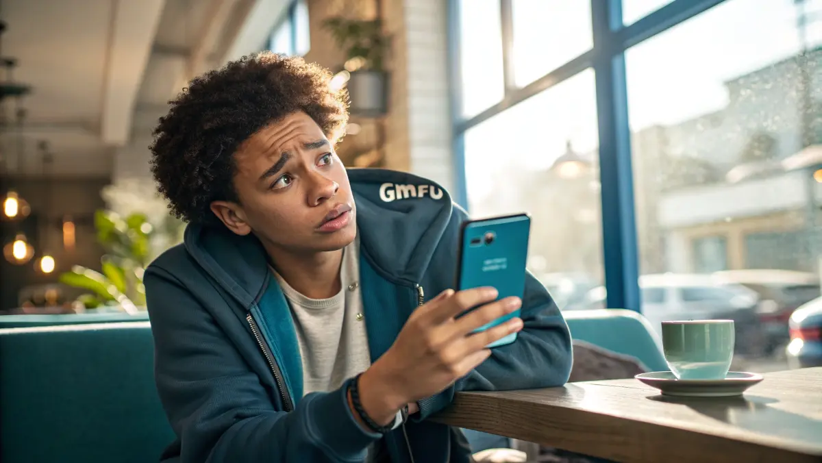Young person checking phone with confused expression wondering what does GMFU mean in text messages